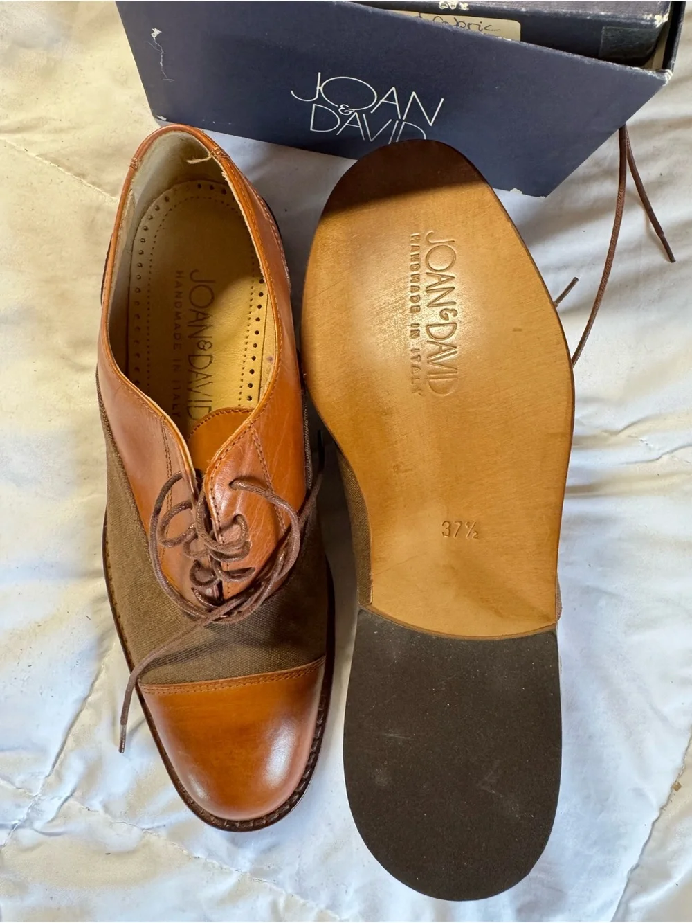 Joan and David Tan Leather & Brown Canvas Oxfords